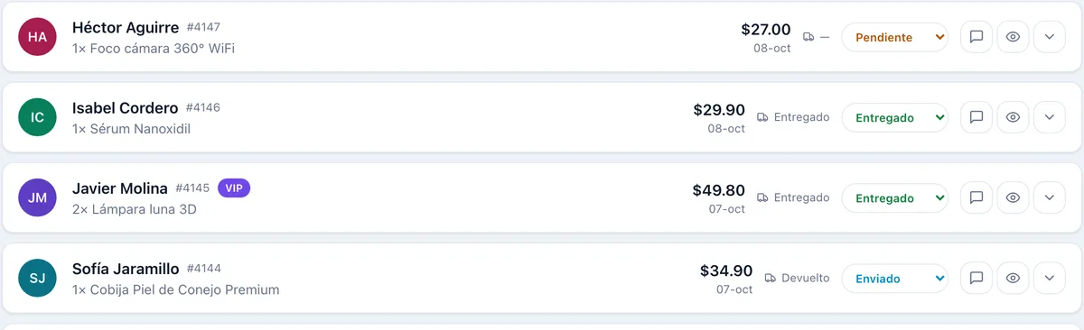 Lista de pedidos del panel de scalEcom con estados Pendiente, Entregado, Enviado y Confirmado